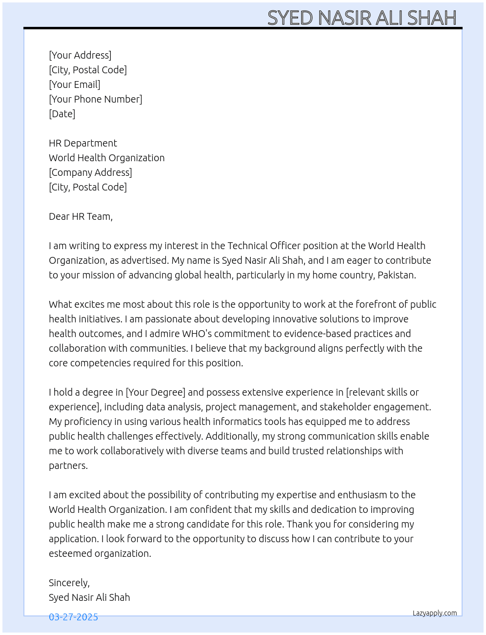 technical officer  At World health organization  Cover Letter