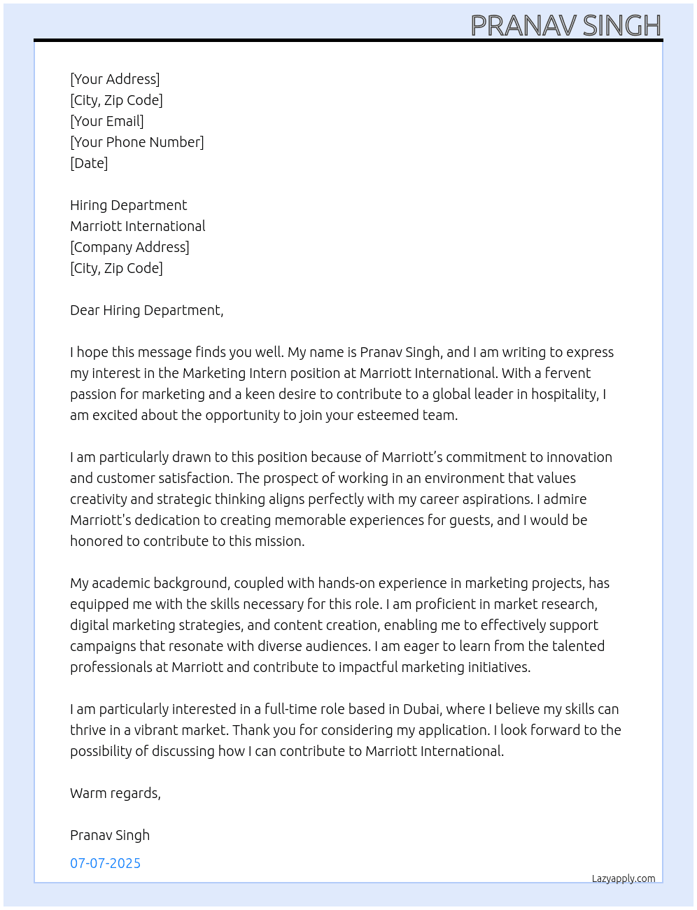 Marketing Intern At Marriott International Cover Letter
