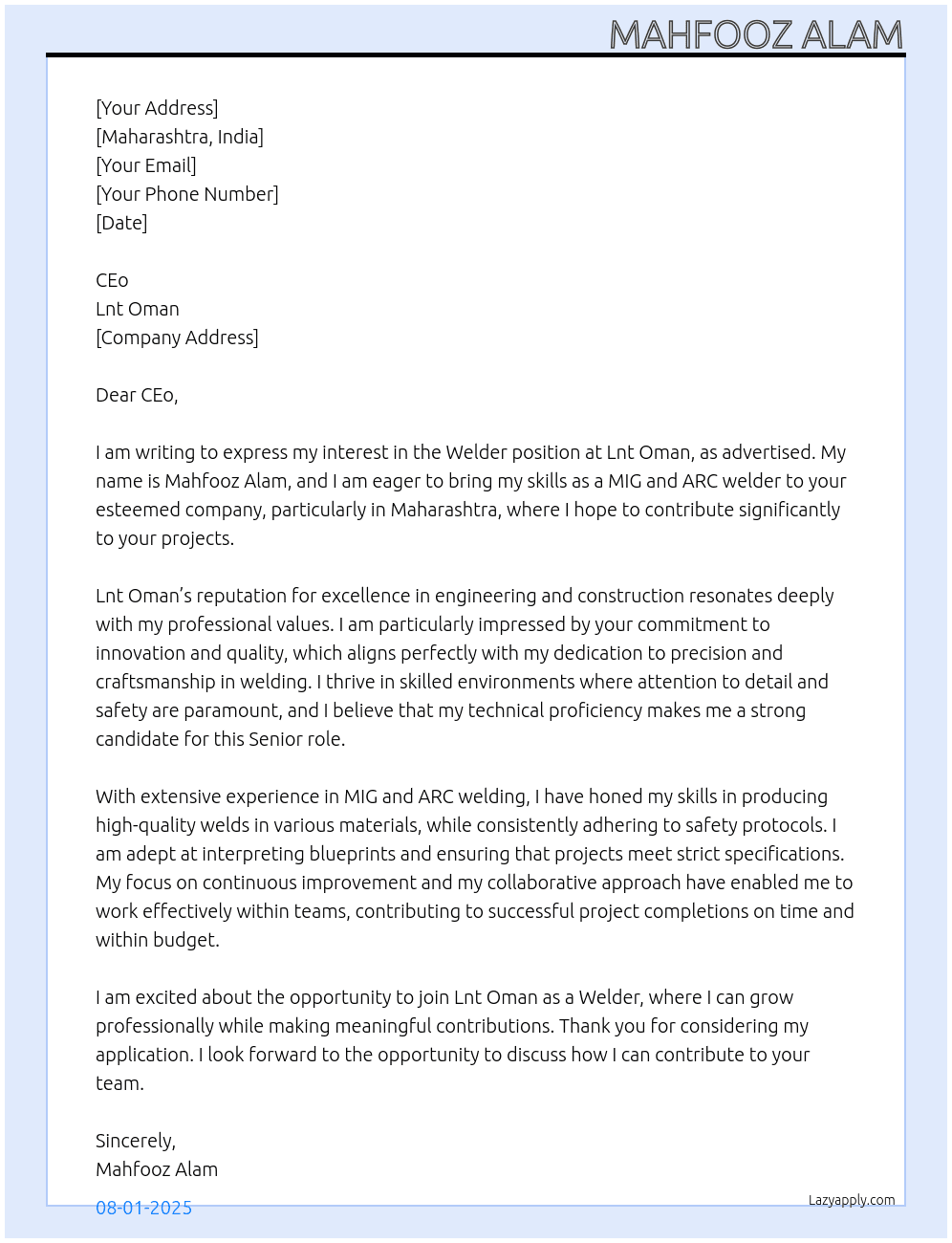 Welder  At Lnt oman  Cover Letter