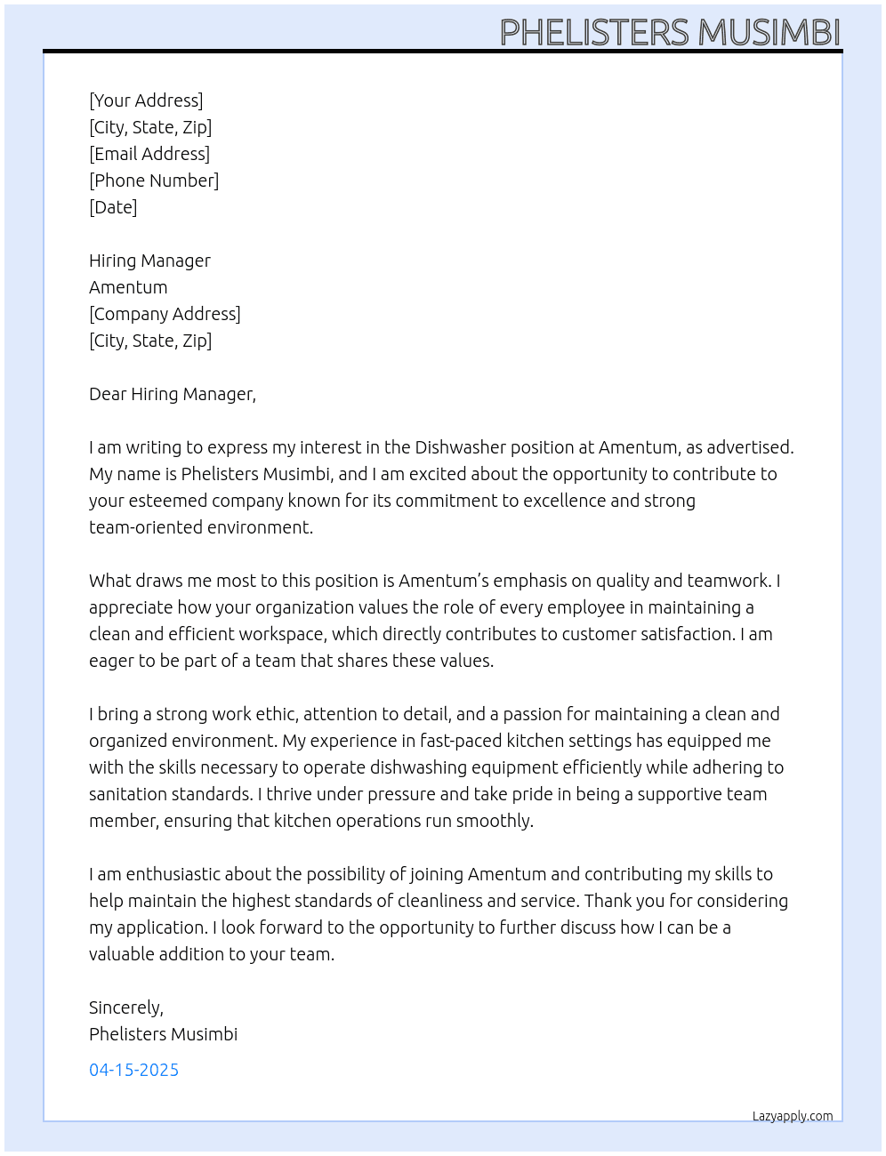 Dishwasher  At Amentum Cover Letter