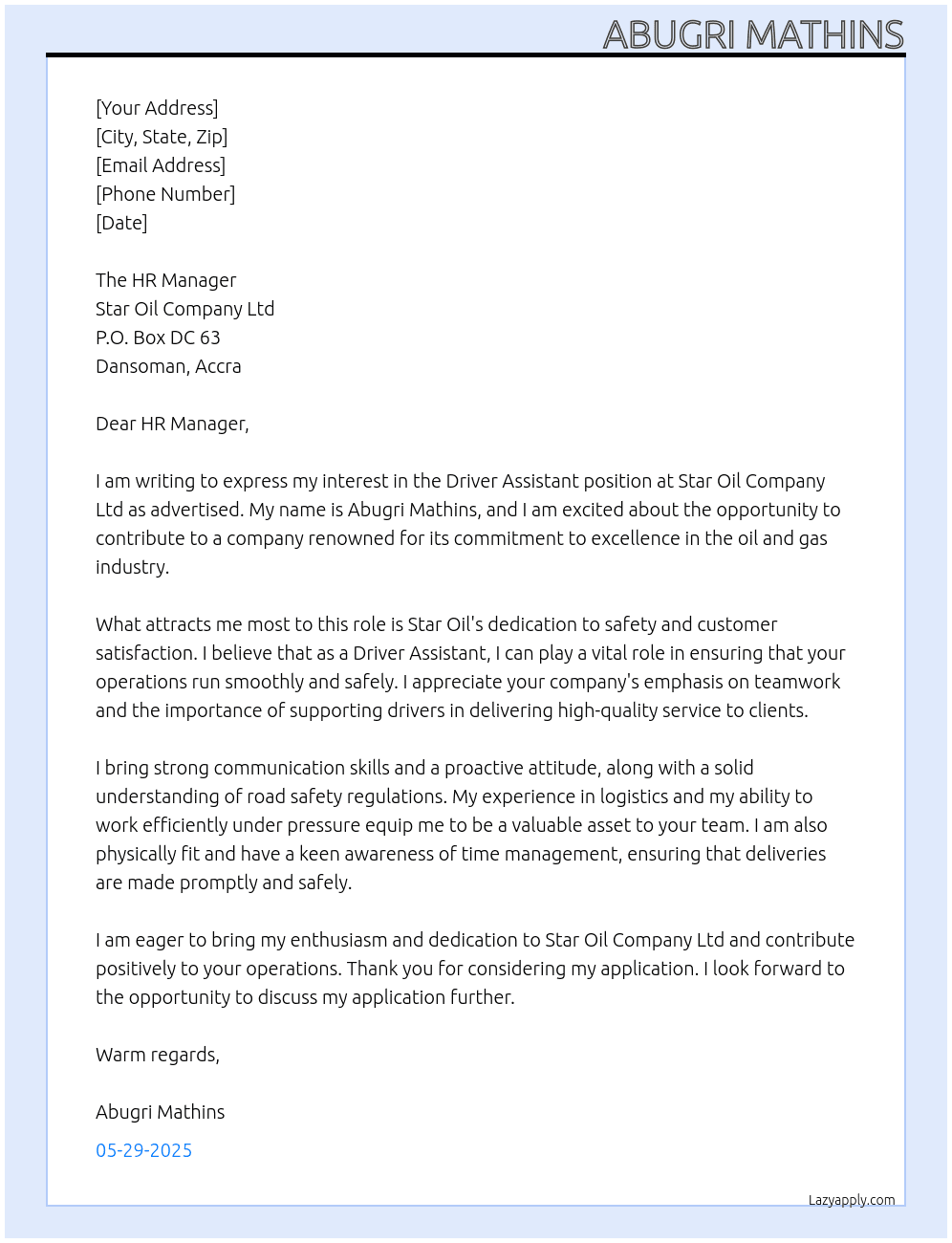 Cover letter for driver assistant - LazyApply