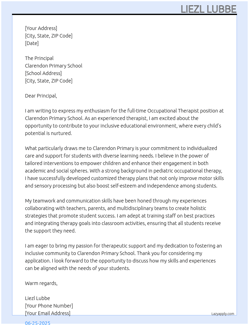 Occupational Therapist At Clarendon Primary School Cover Letter