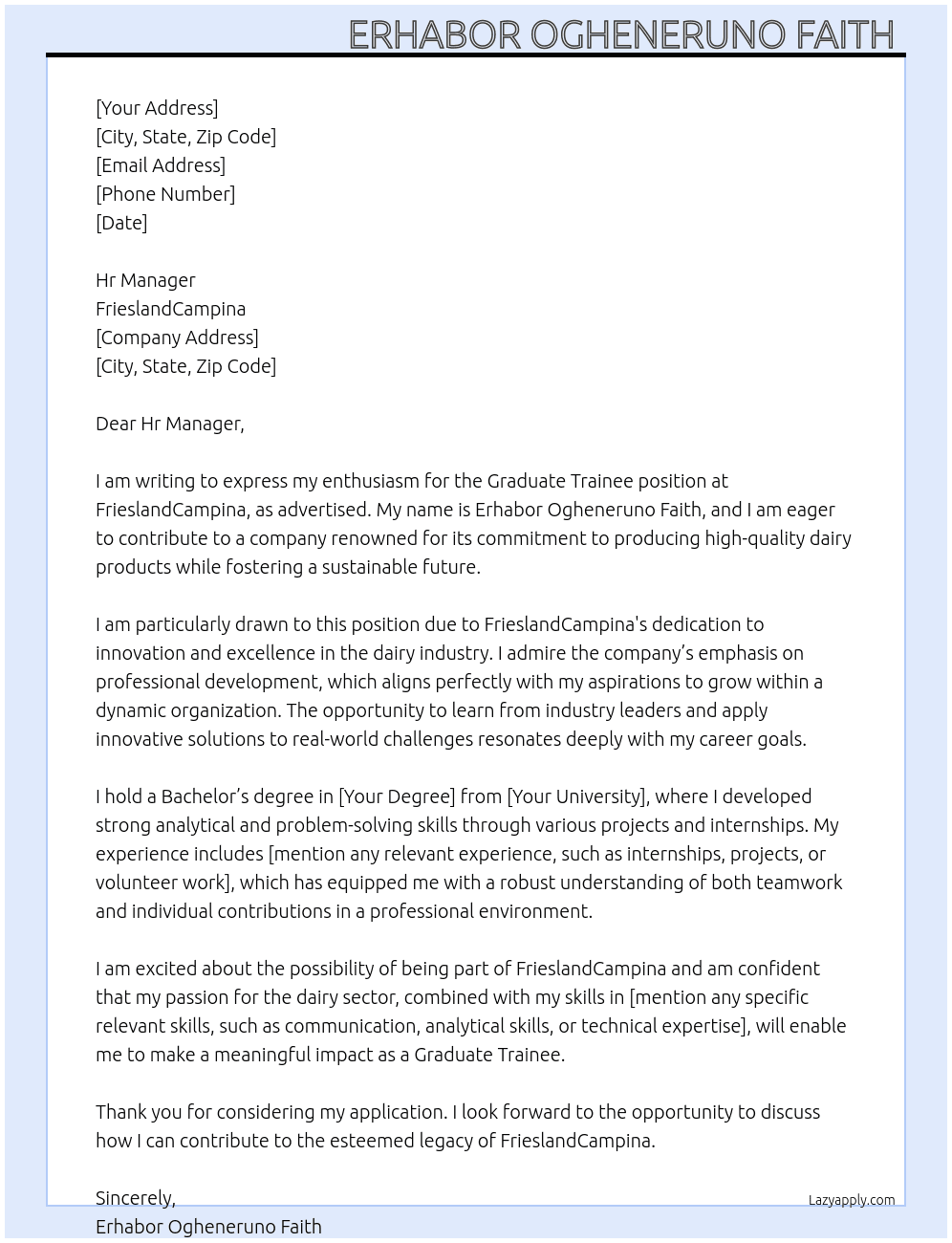 Graduate Trainee  At FrieslandCampina  Cover Letter