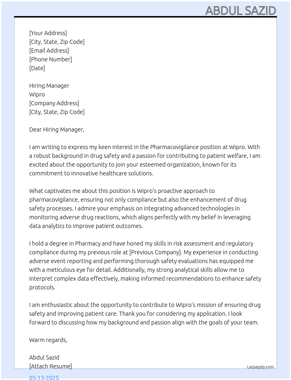 Cover letter for pharmacovigilance - LazyApply