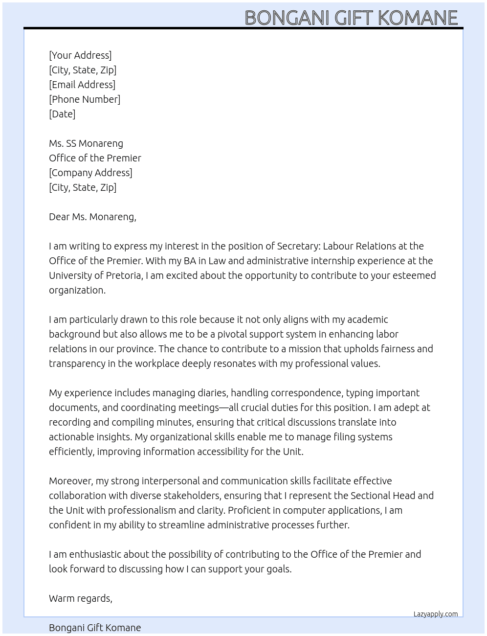 SECRETARY: LABOUR RELATIONS At Office of the Premier  Cover Letter