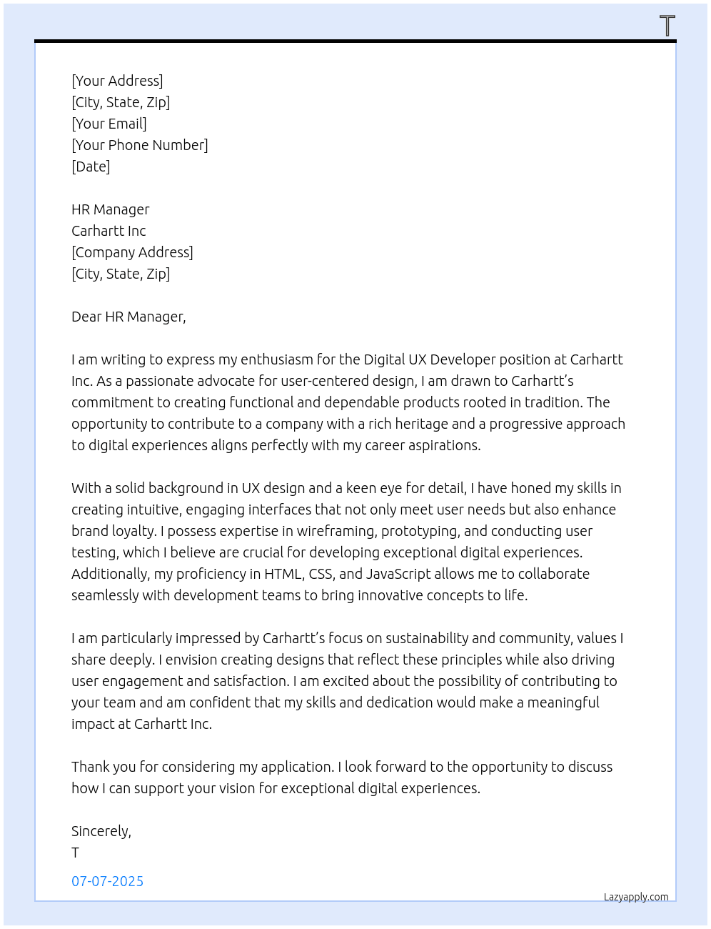 Digital UX Developer At Carhartt Inc Cover Letter