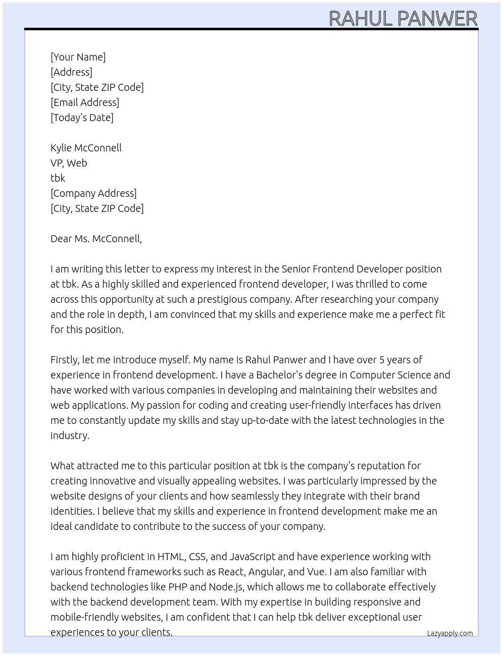 Senior Frontend Developer At tbk Cover Letter