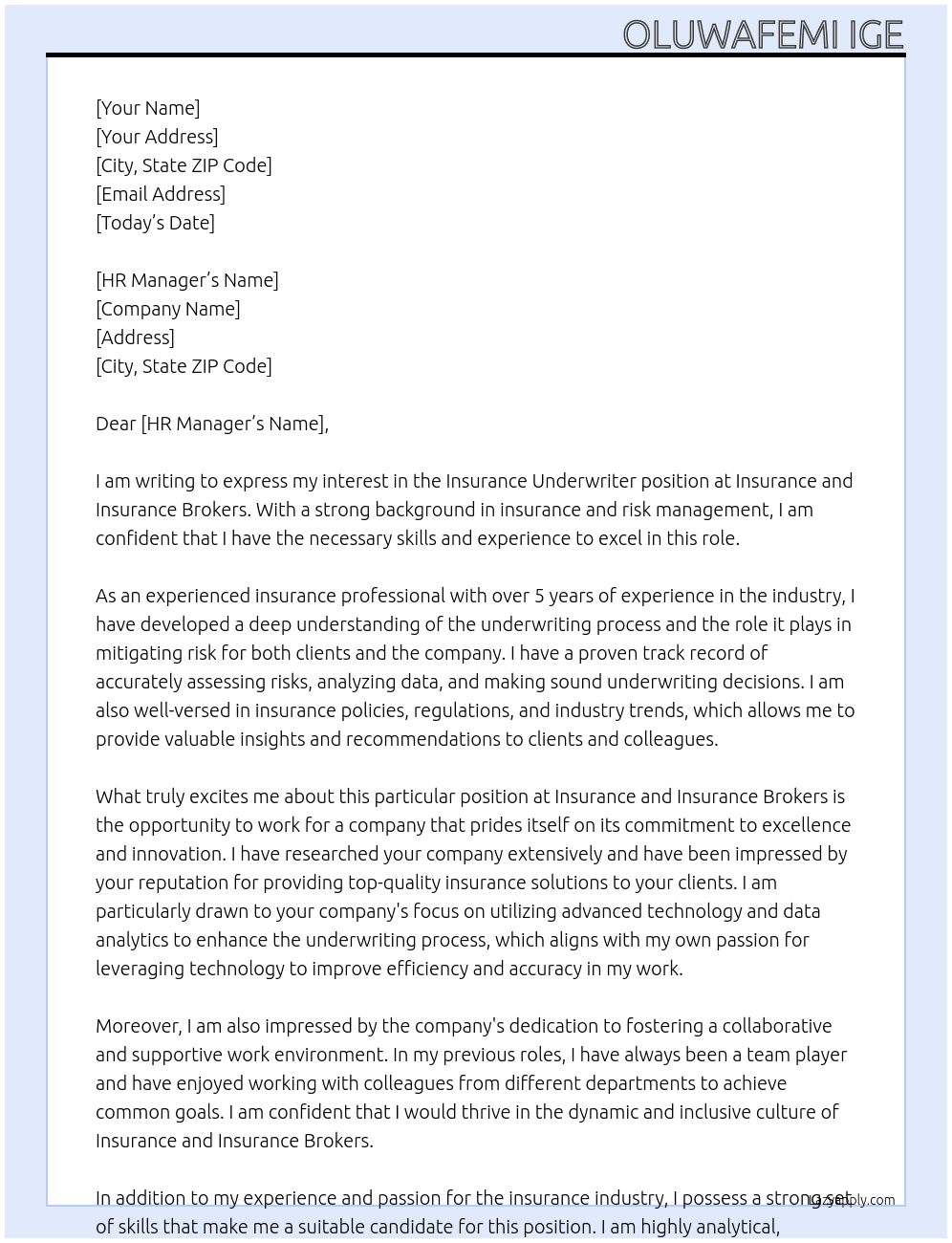 Insurance Underwriter At Insurance and insurance brokers Cover Letter