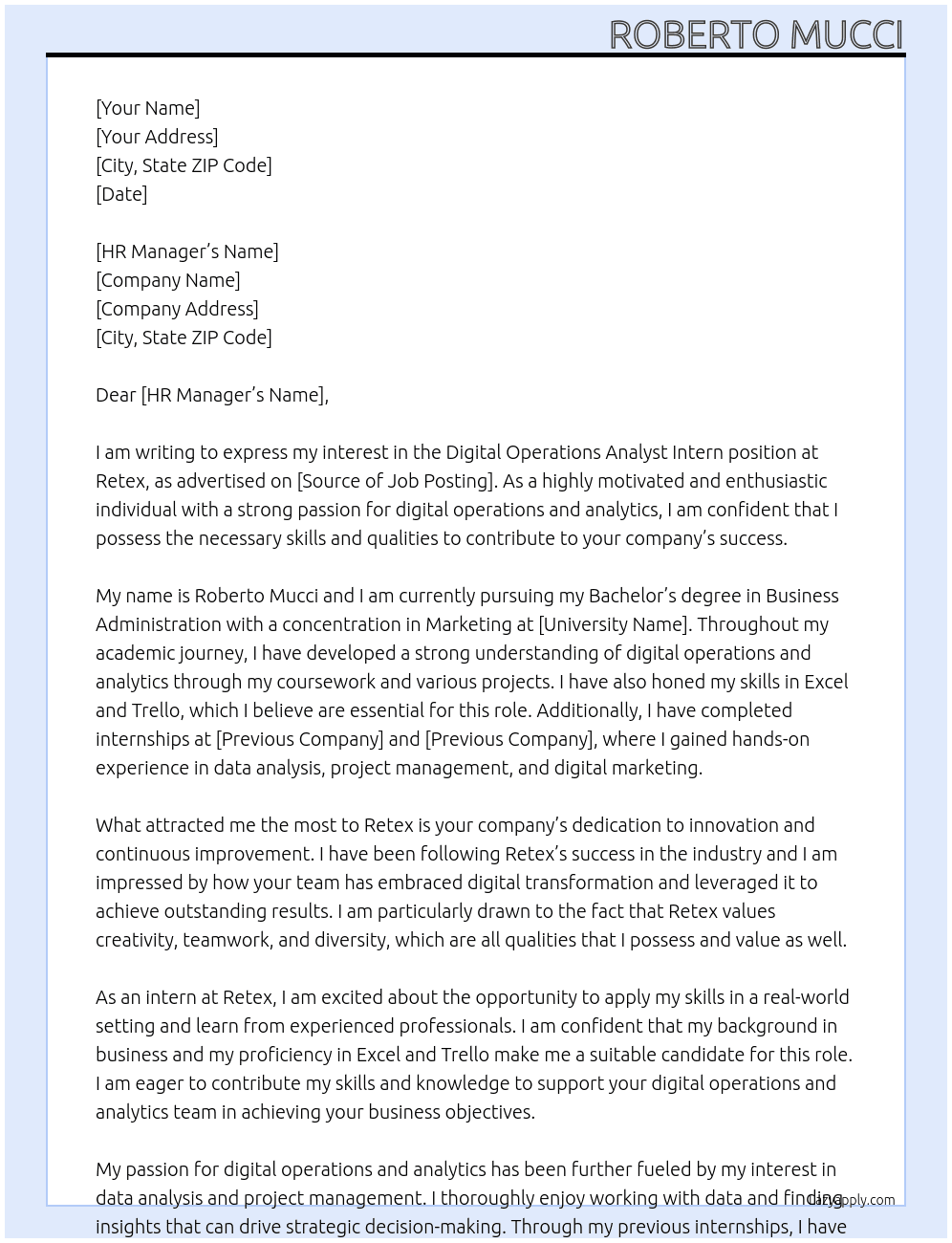 Digital Operations Analyst Intern At Retex Cover Letter