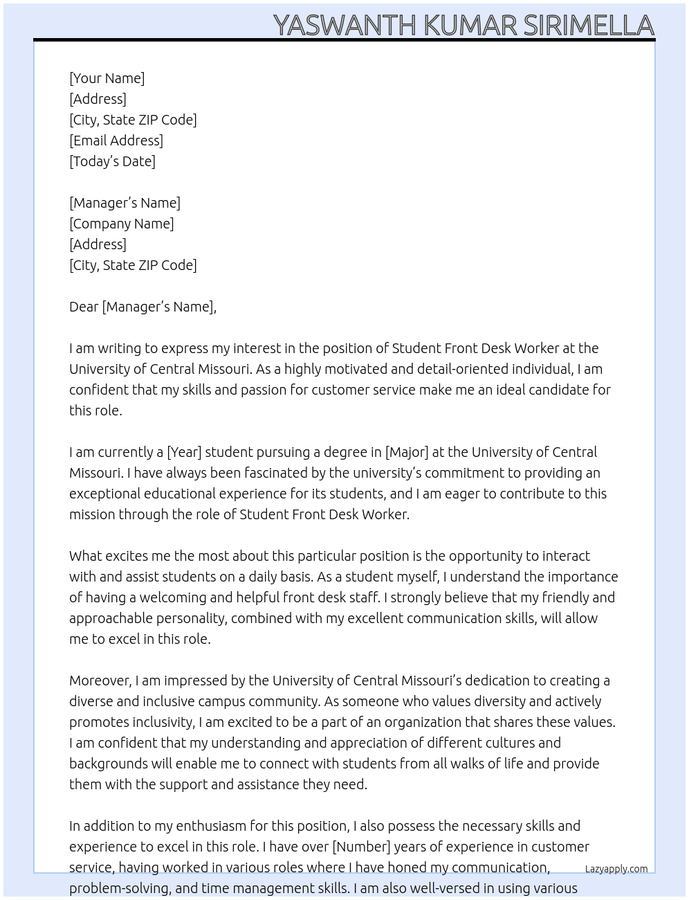 Student Front Desk Worker At University of Central Missouri  Cover Letter
