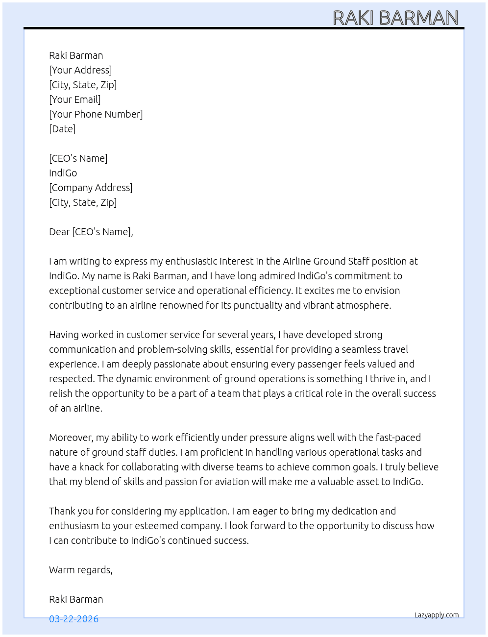 Cover letter for airline ground staff - LazyApply