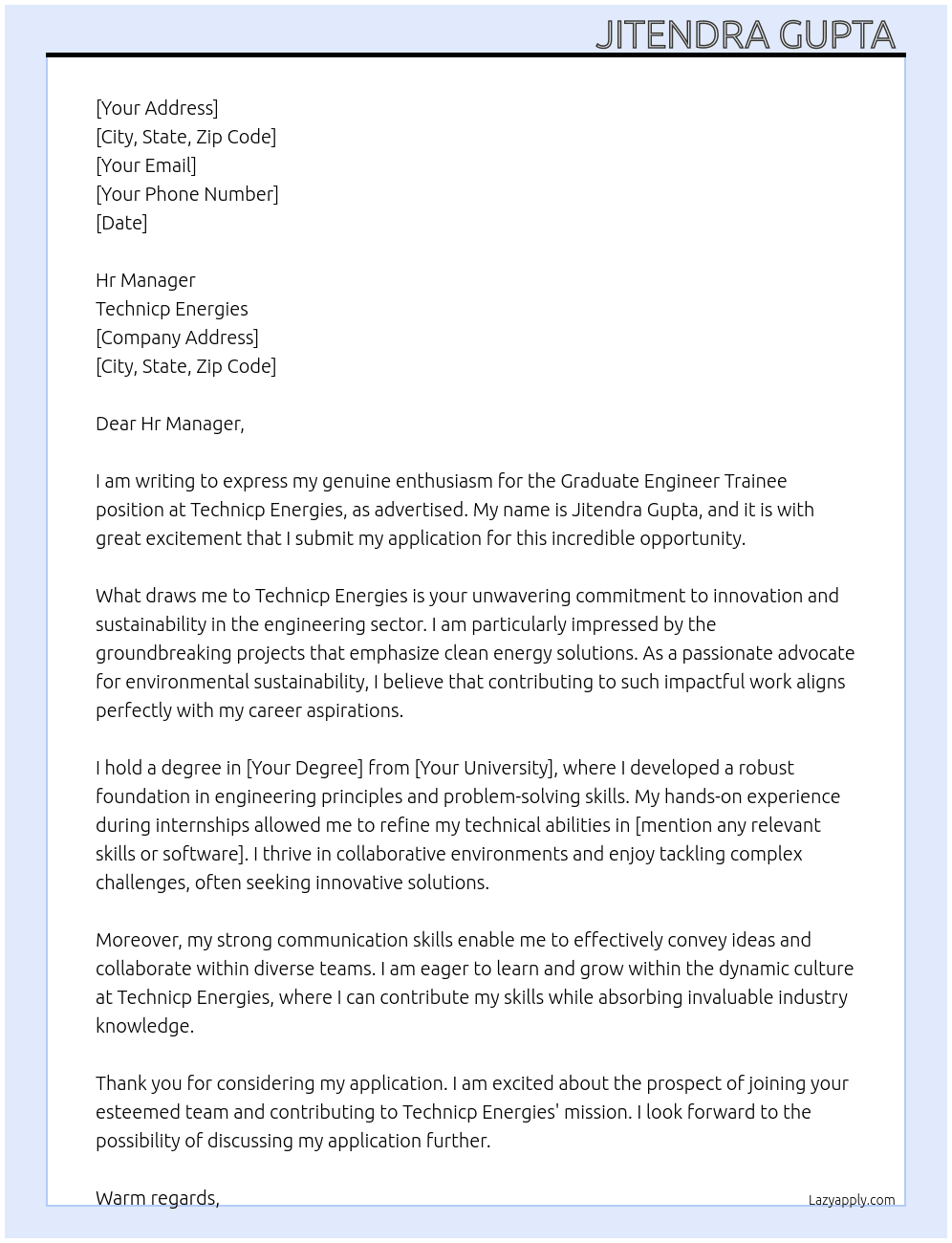 graduate engineer Trainee  At Technicp Energies Cover Letter