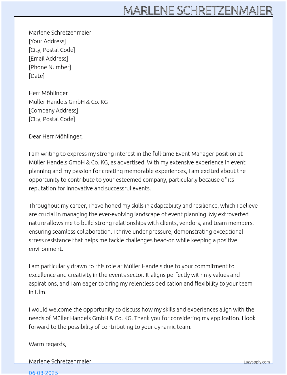 Event Manager At Müller Handels GmbH & Co. KG Cover Letter