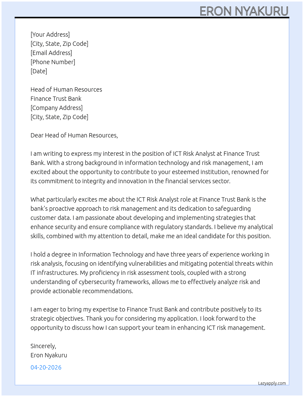 ICT Risk Analyst At Finance Trust Bank Cover Letter