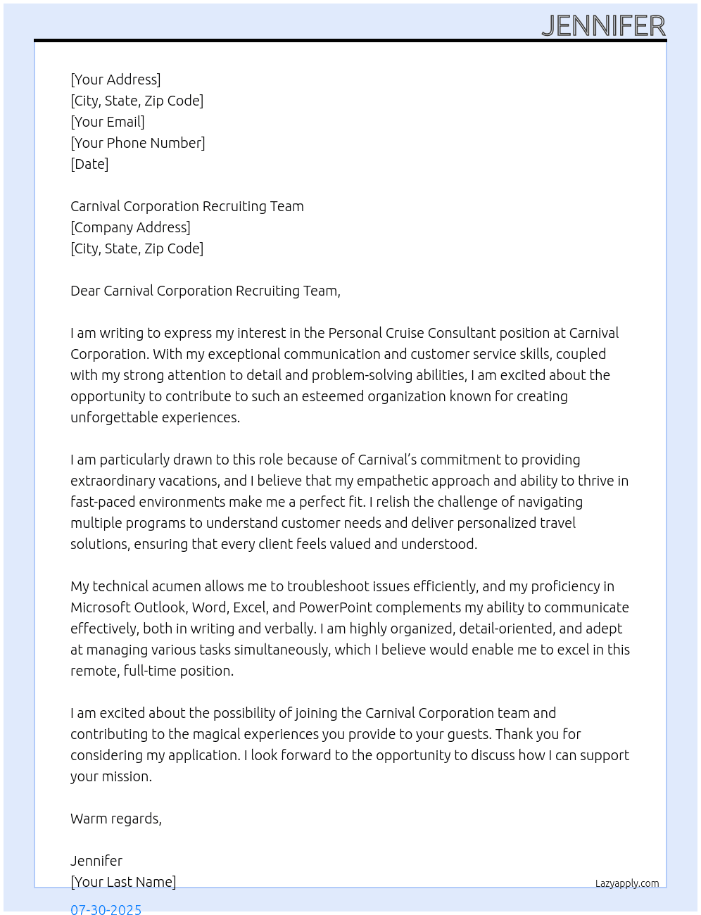 Cover letter for personal cruise consultant - LazyApply