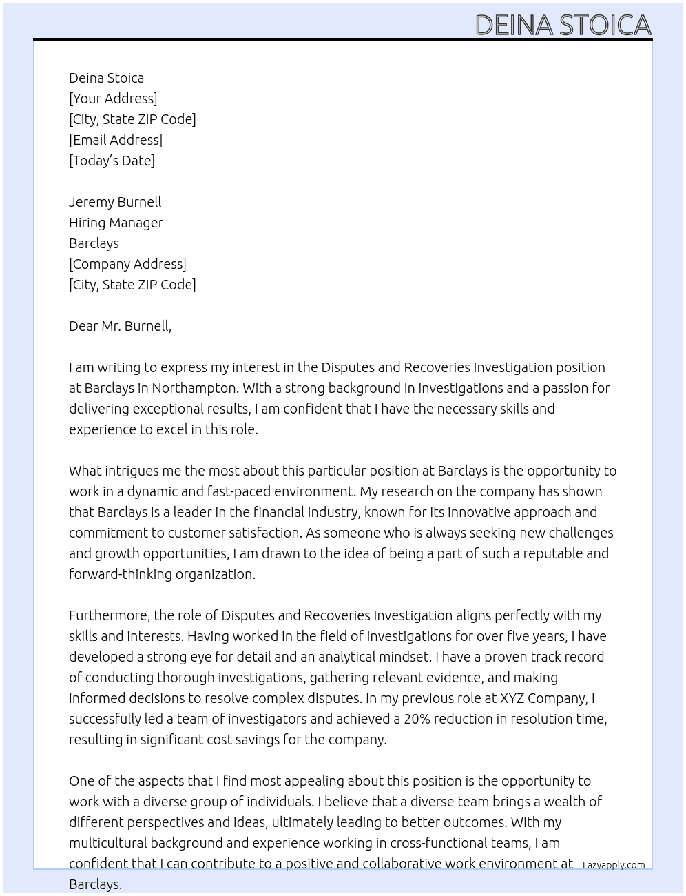 Disputes and recoveries investigation At Barclays Cover Letter