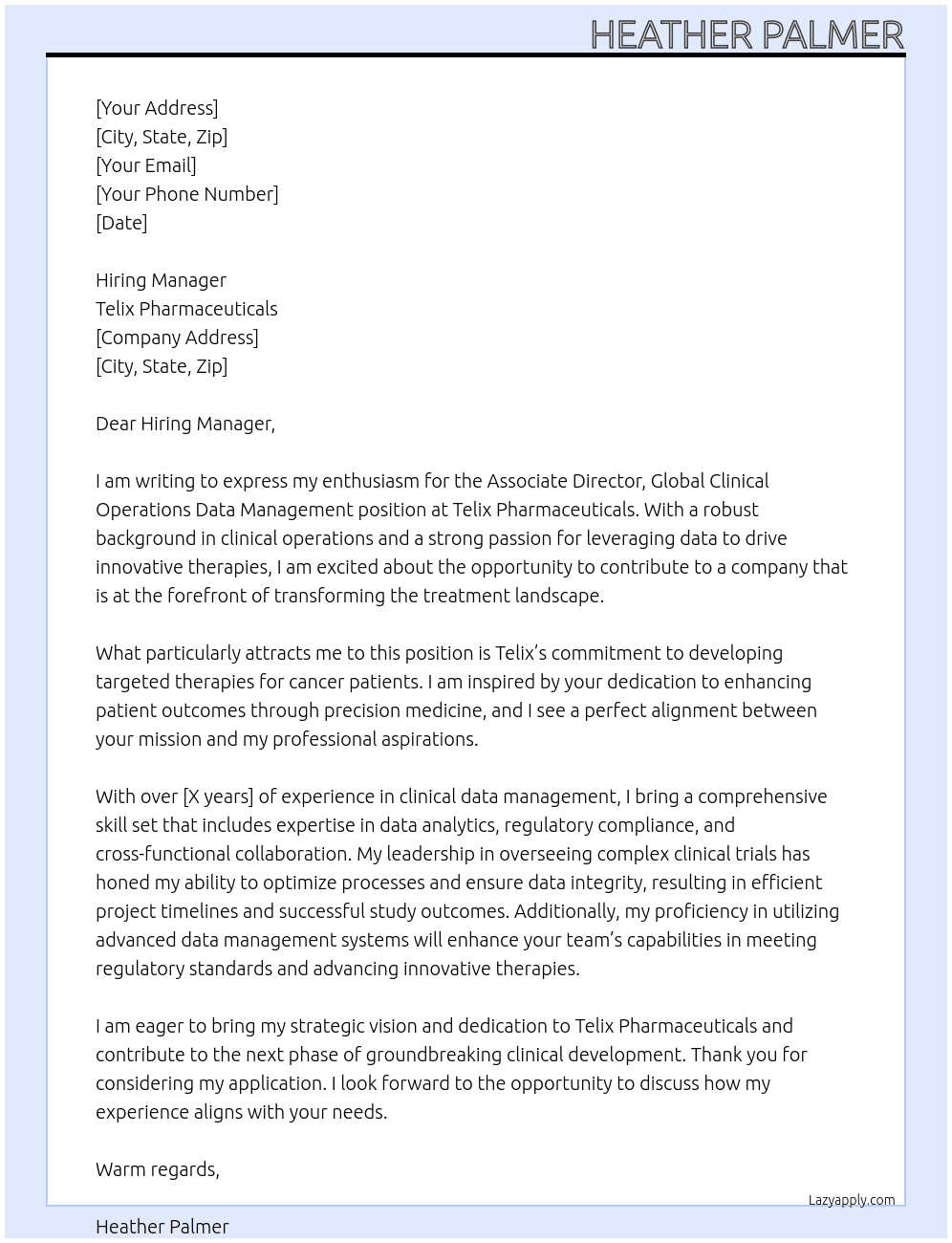 Associate Director, Global Clinical Operations Data Management At Telix Pharmaceuticals Cover Letter