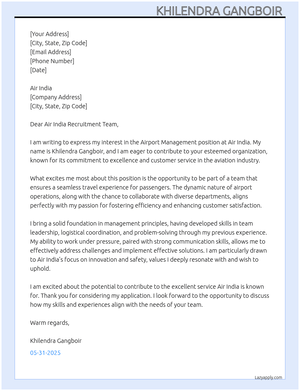 Airport management  At Air india job and interview for management  Cover Letter