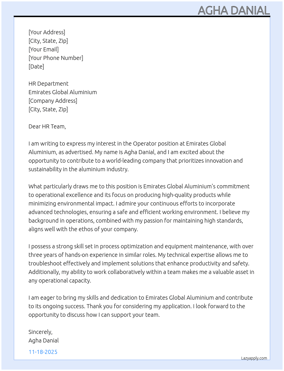 operatpr At emirates global aluminium Cover Letter
