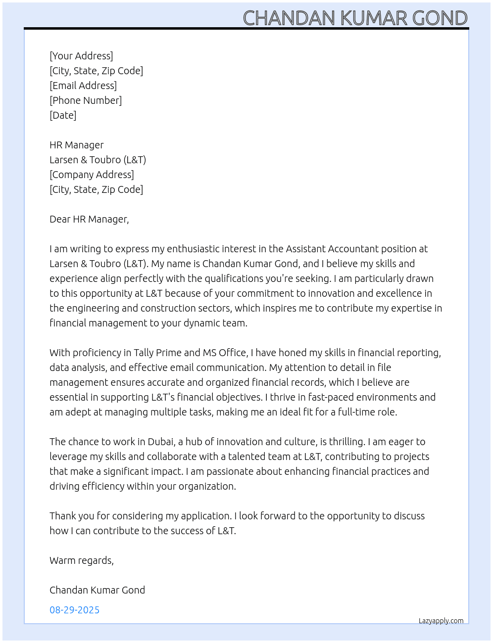 Assistant Accountant At larsen & toubro (L&T) Cover Letter
