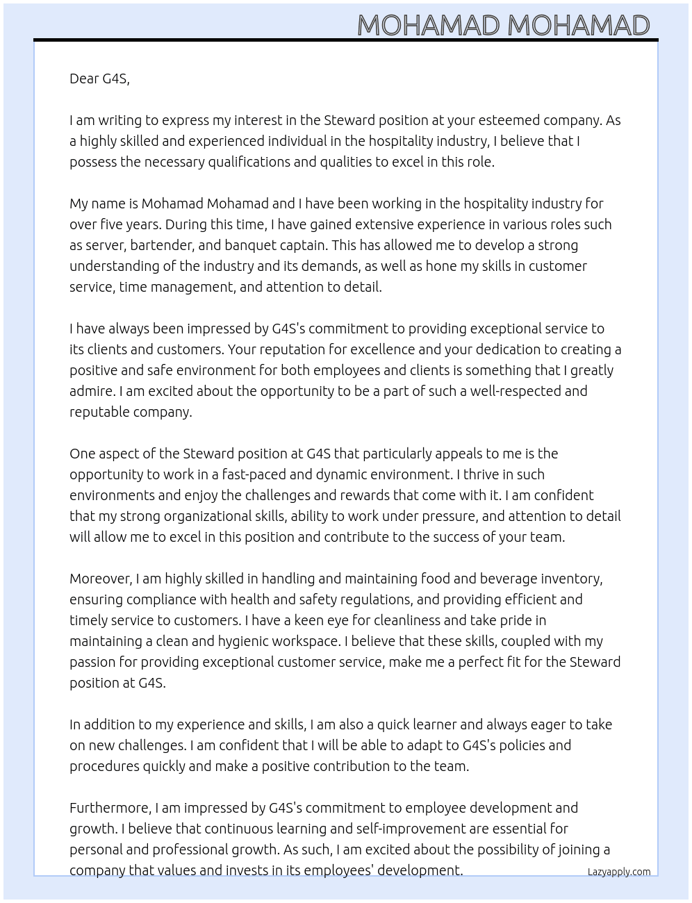 Steward  At G4S  Cover Letter