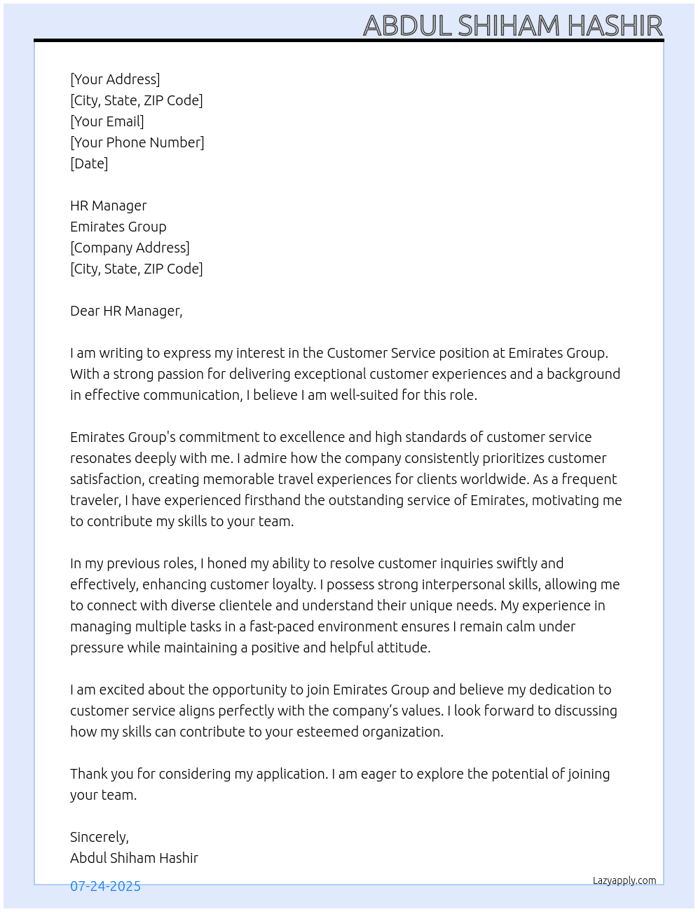 customer service At EMIRATES GROUP Cover Letter