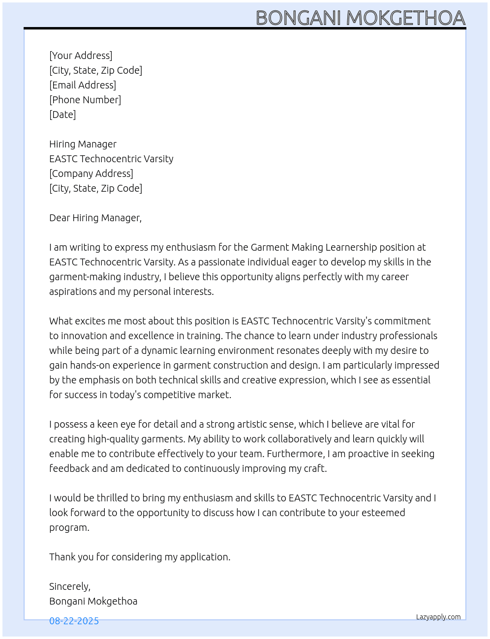 Garment making learnership At EASTC Technocentric varsity Cover Letter