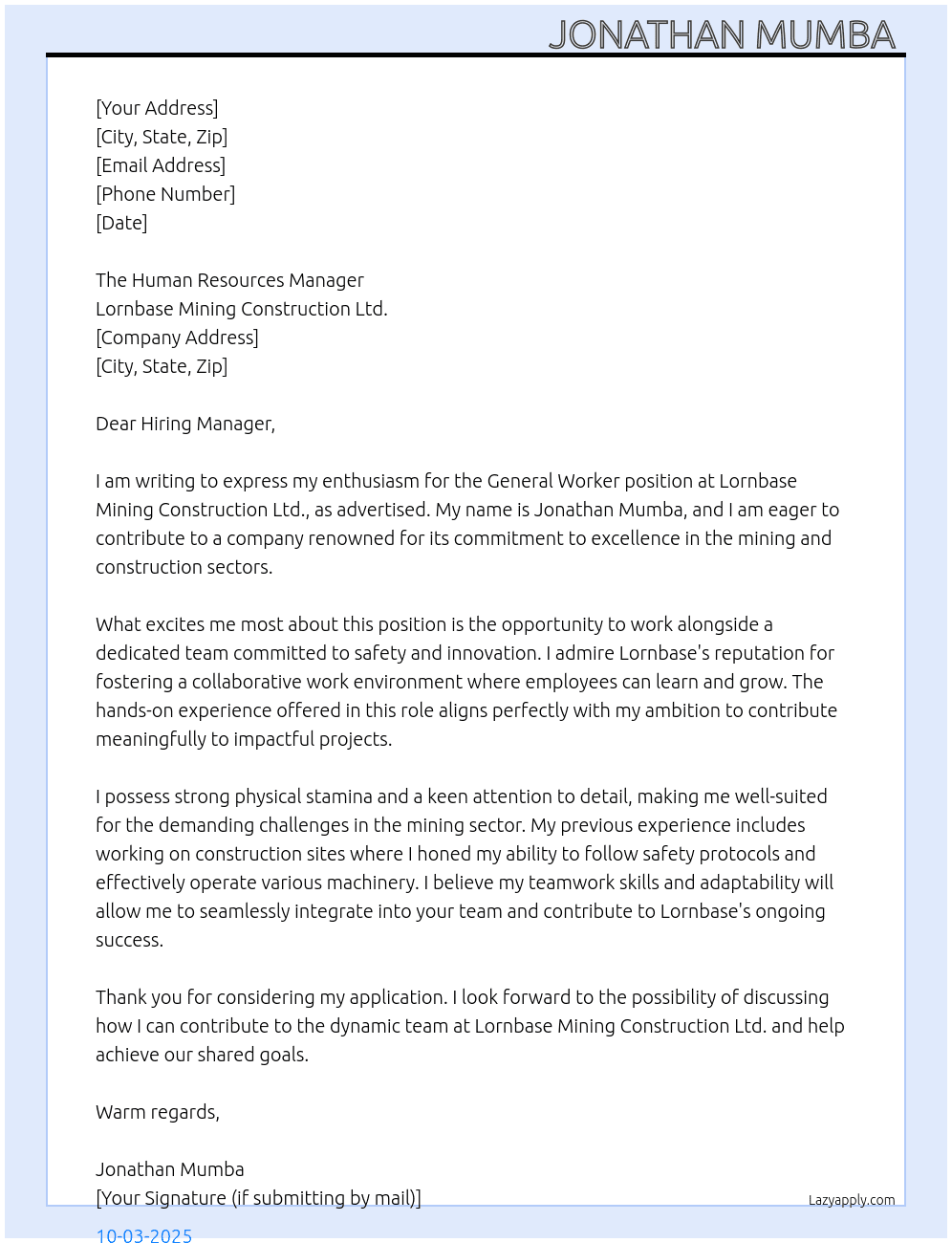 General worker  At Lornbase Mining Construction Ltd Cover Letter