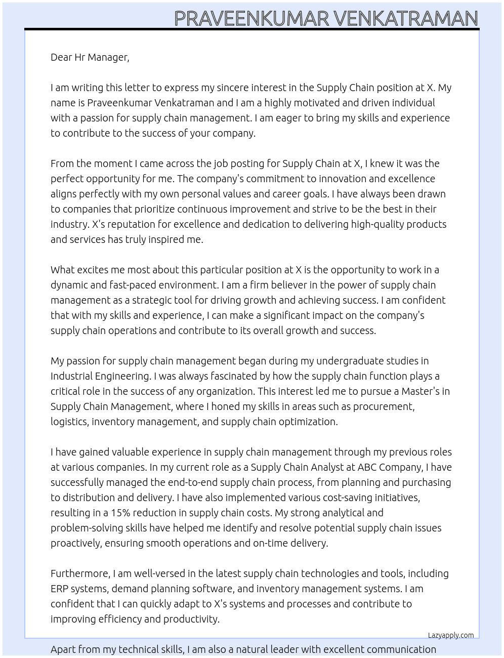 Supply Chain  At X Cover Letter