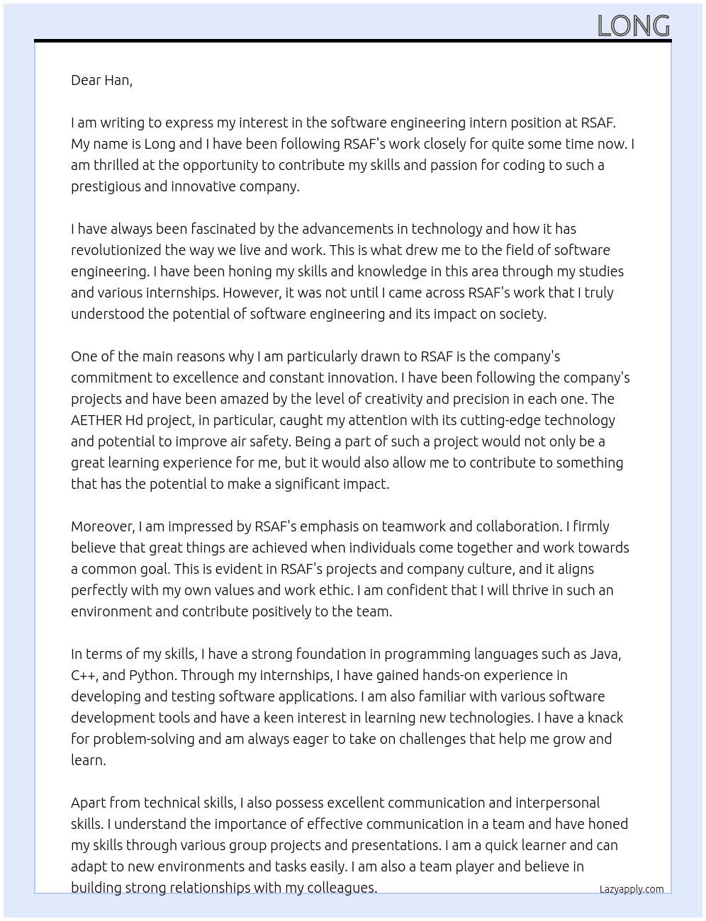 software engineering intern At RSAF Cover Letter