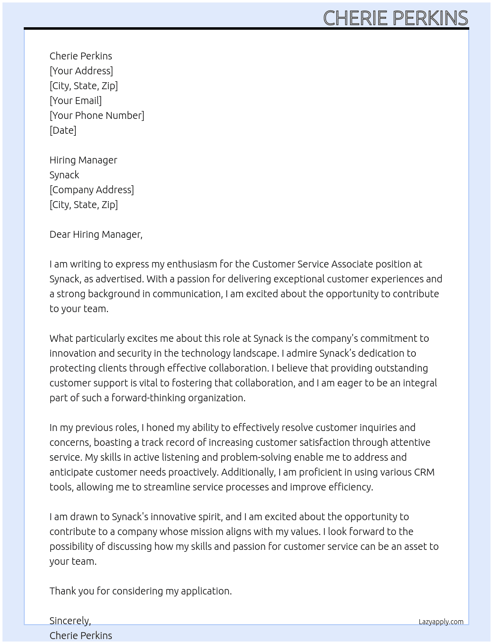 Customer Service Associate  At Synack Cover Letter