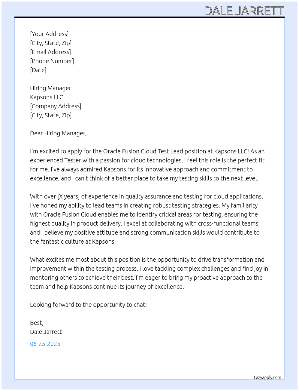 Oracle Fusion Cloud Test Lead At Kapsons LLC Cover Letter