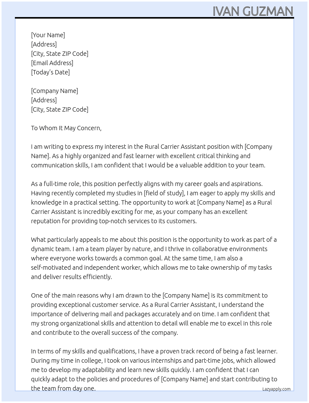 rural carrier assistant At post office Cover Letter