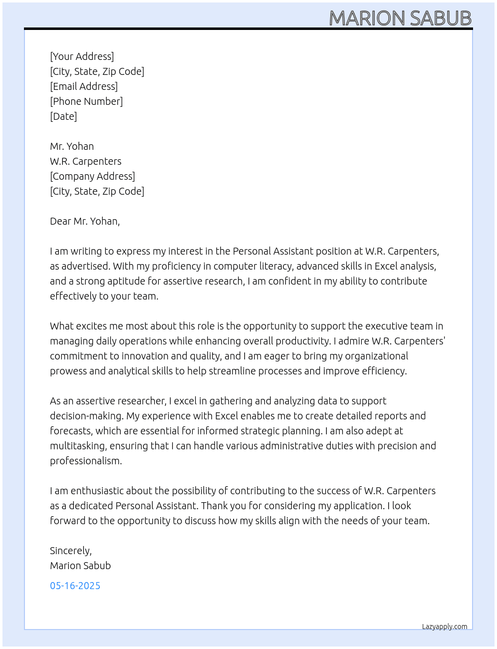 Personal Assistan At W.R Carpenters  Cover Letter
