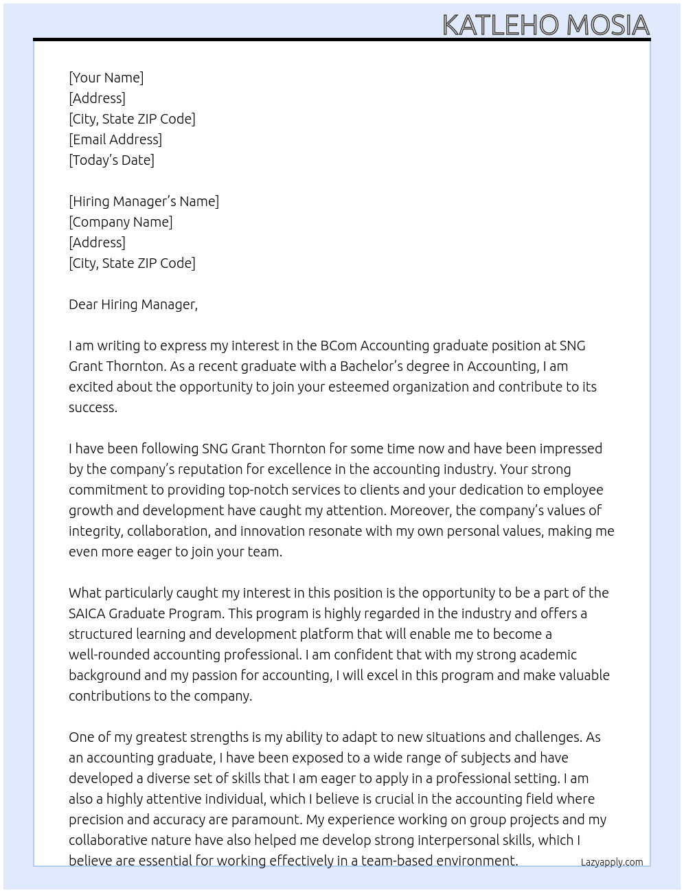 Cover letter for bcom accounting graduate - LazyApply