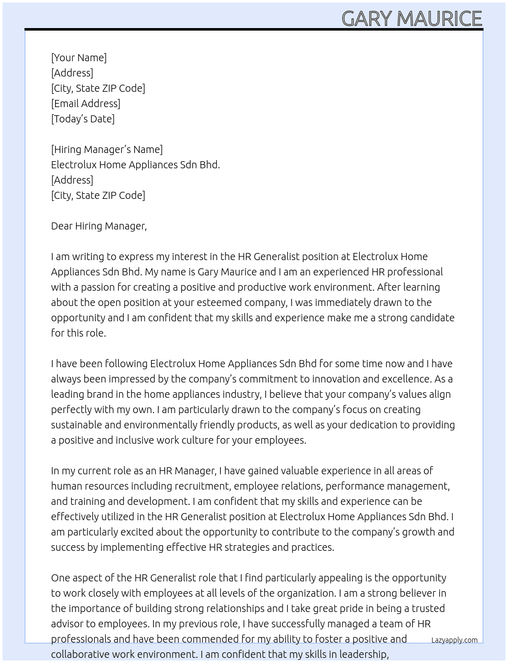 HR Generalist At Electrolux Home Appliances Sdn Bhd. Cover Letter