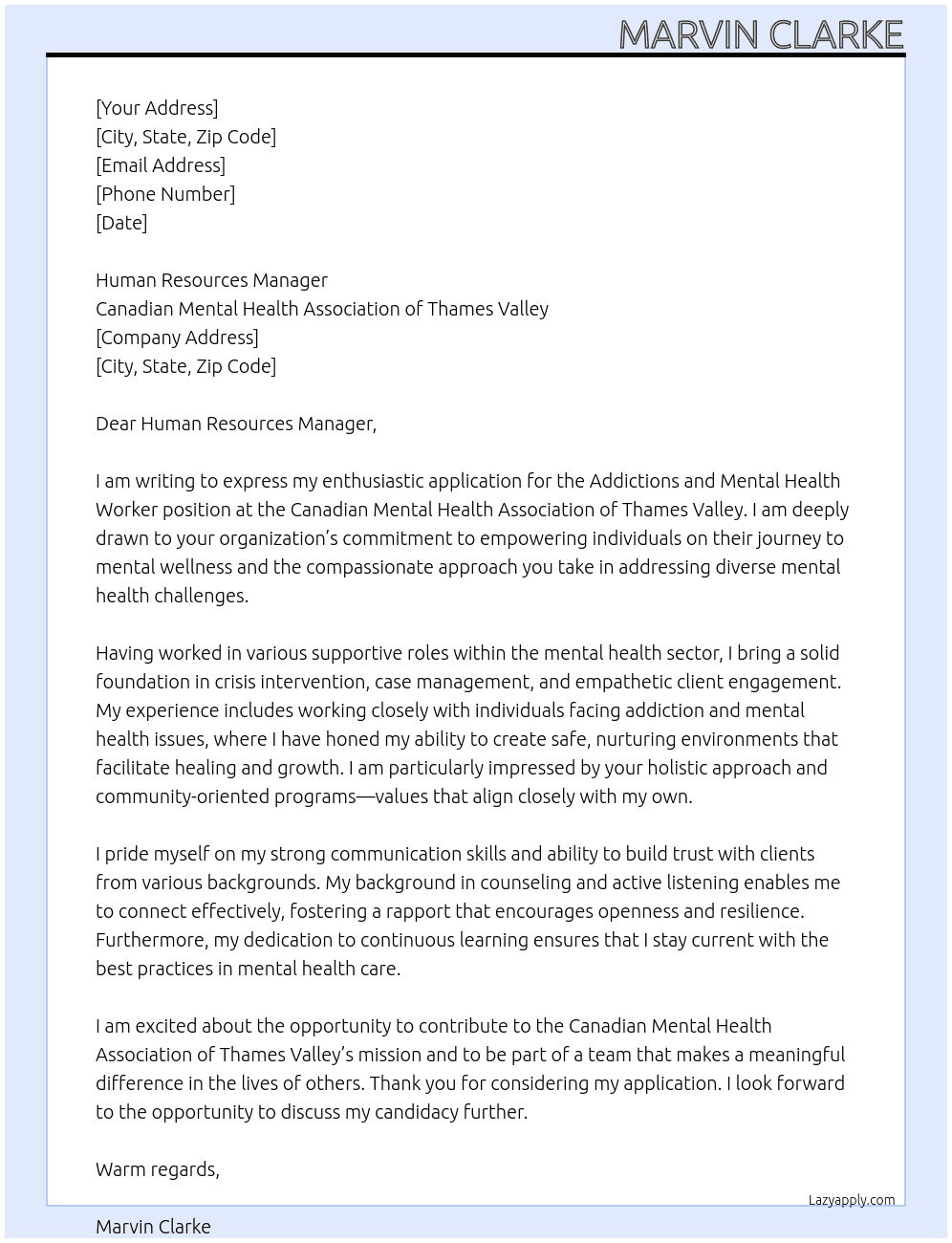 Cover letter for addictions and mental health worker - LazyApply