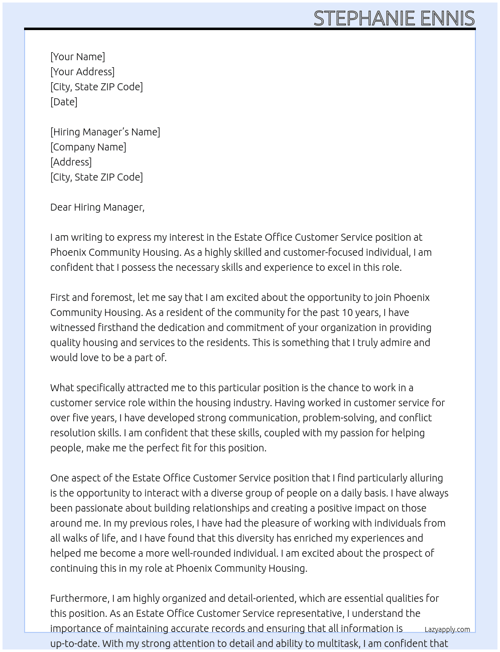 Cover letter for estate office customer service - LazyApply