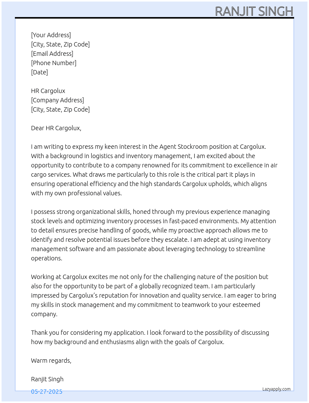 Agent Stockroom At Cargolux Cover Letter