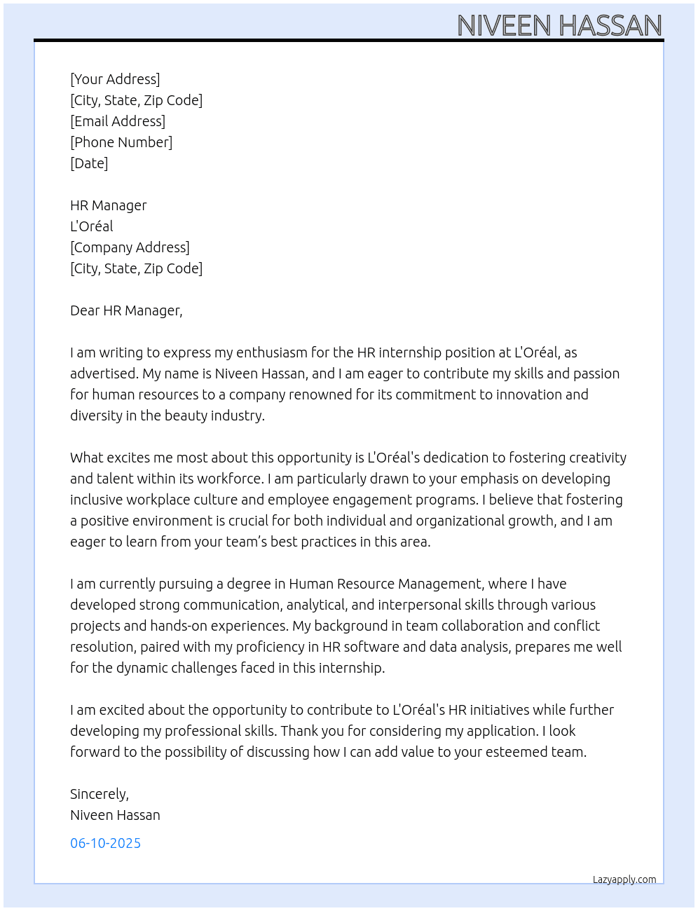 hr internship  At l'Oreal  Cover Letter