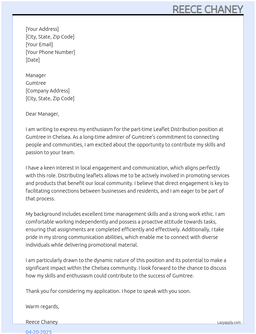 Leaflet distribution  At Gumtree  Cover Letter