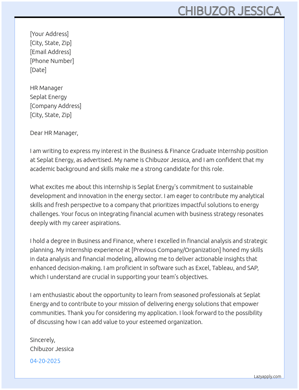 Business &Finance Graduate Internship role At Seplat Energy Cover Letter