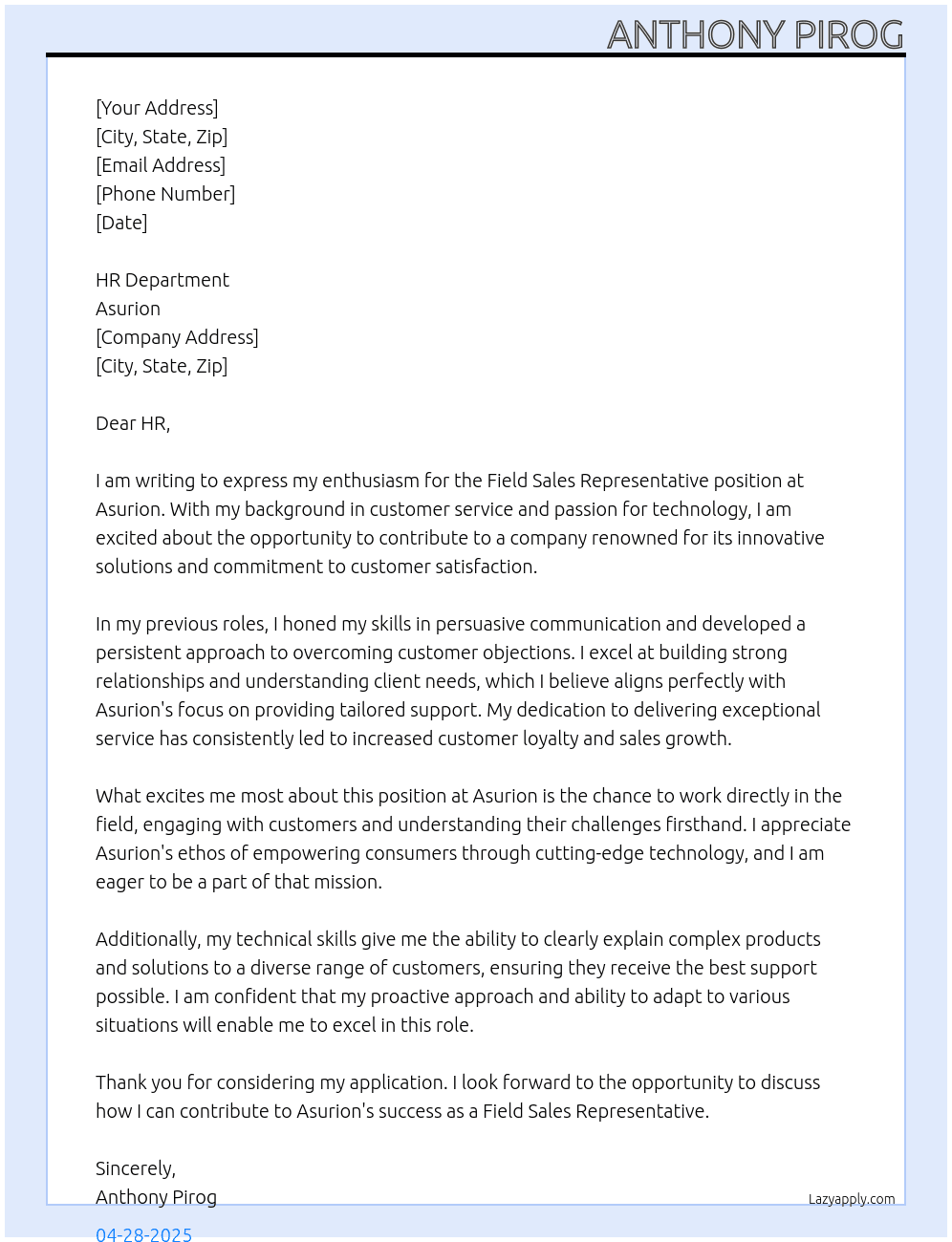 Field Sales Rep At Asurion Cover Letter