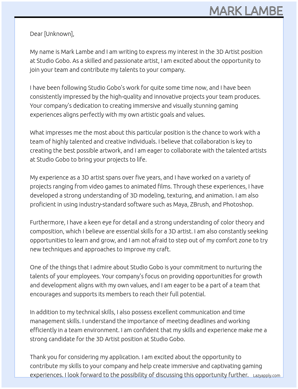 3d artist At Studio Gobo Cover Letter