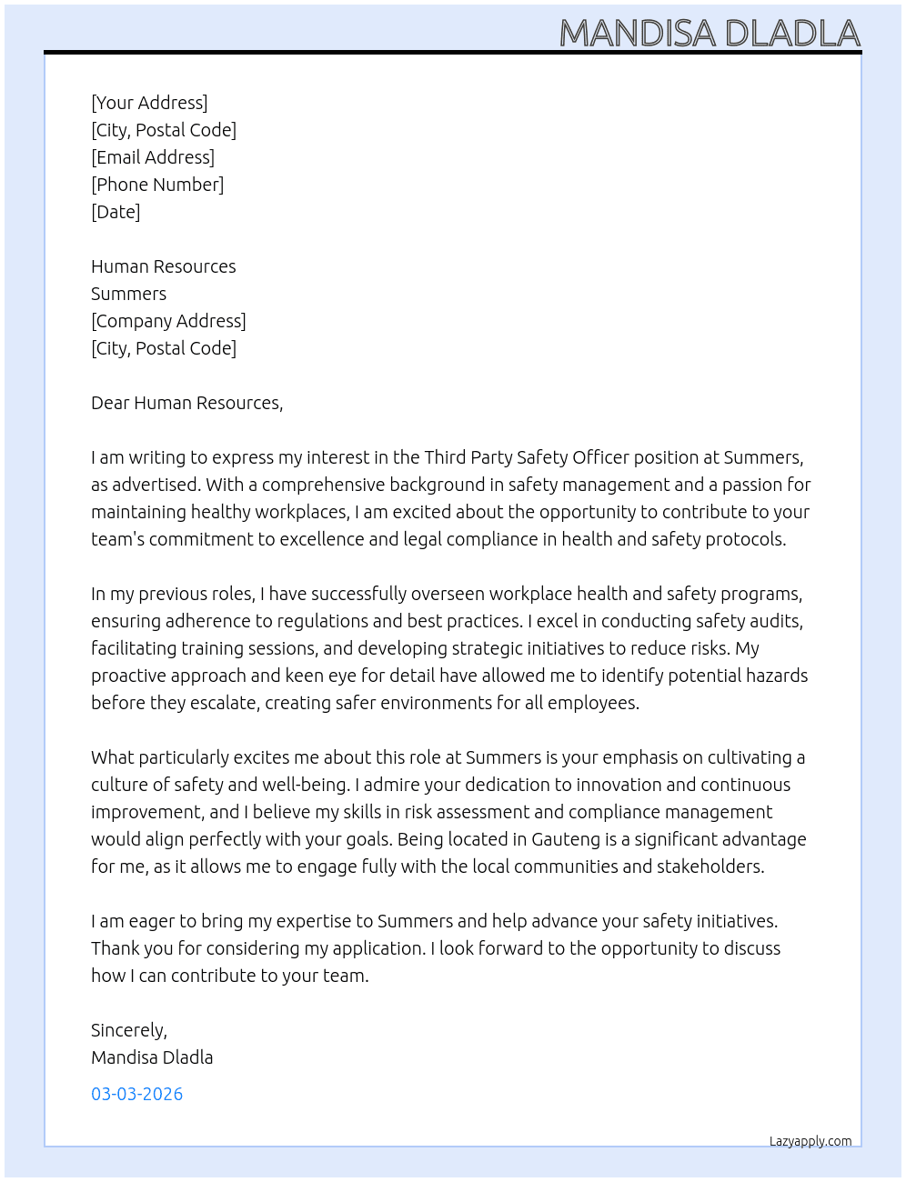 Cover letter for third party safety officer - LazyApply