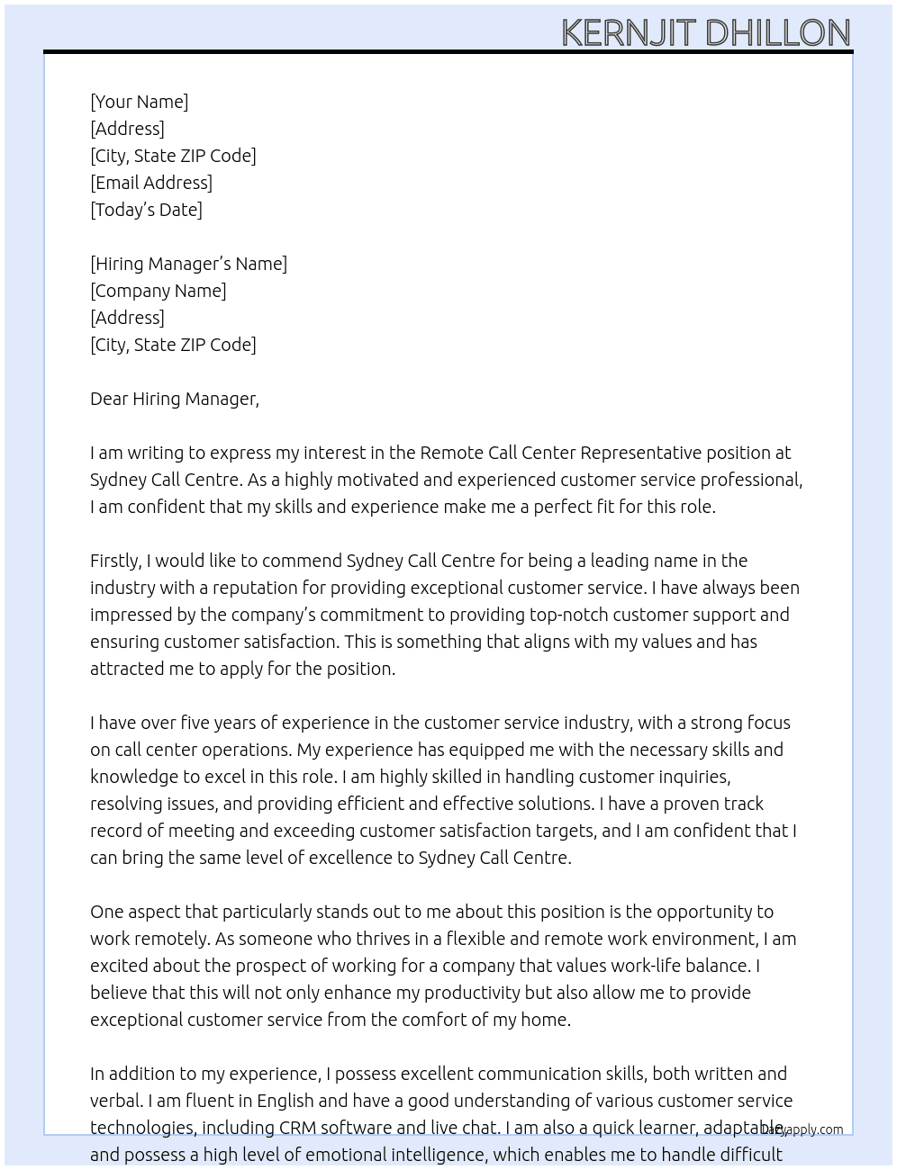 Remote call center representative  At Sydney Call Centre Cover Letter