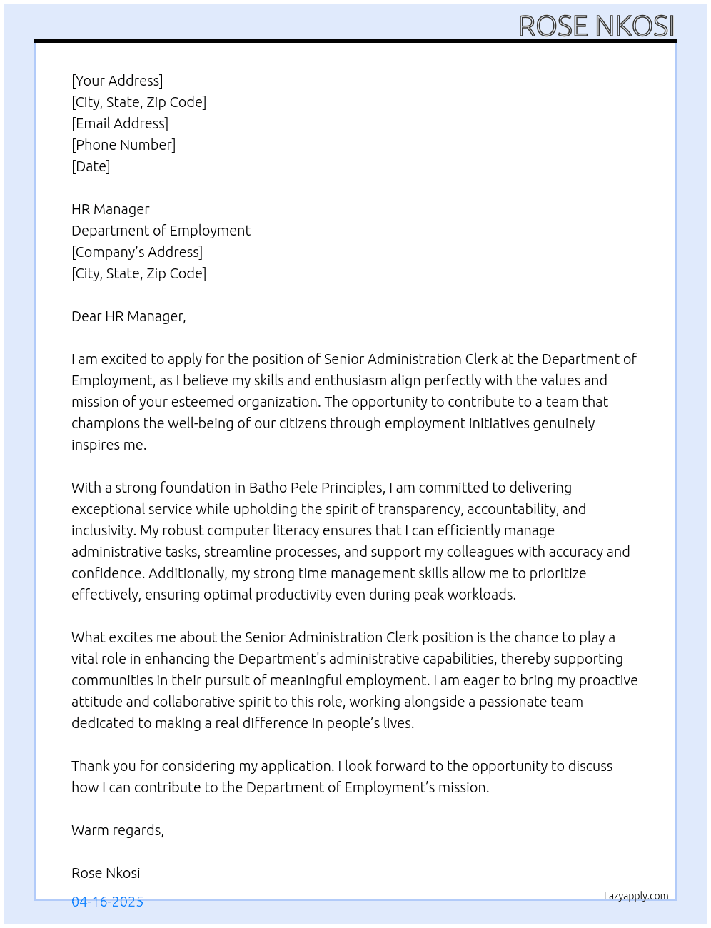 Cover letter for senior administration clerk - LazyApply