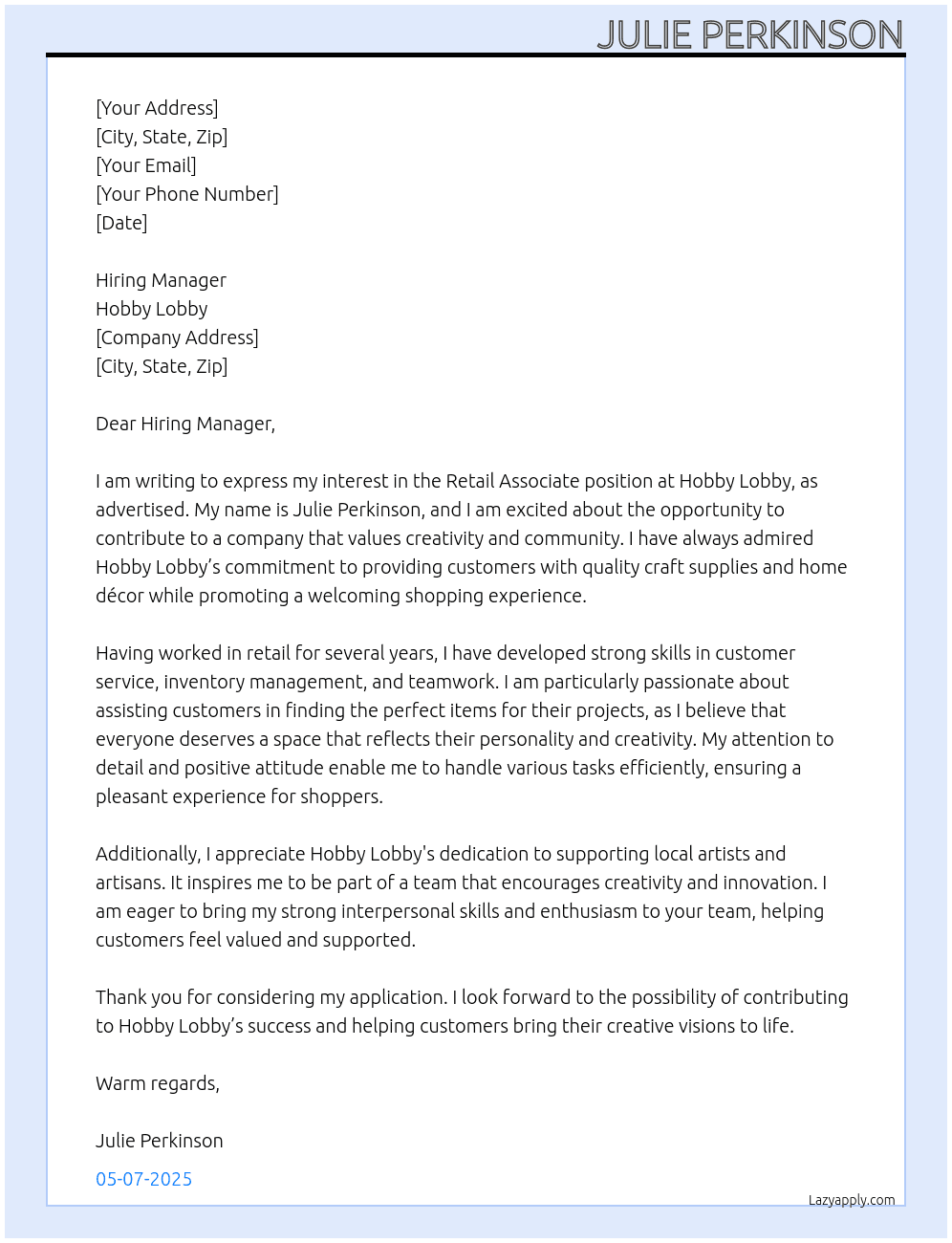 Retail Associate  At Hobby Lobby Cover Letter