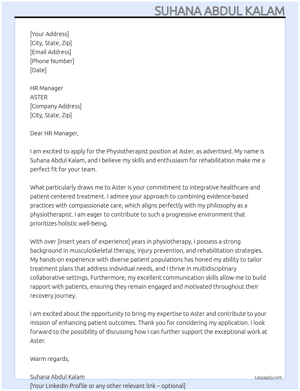 physiotherapist At ASTER Cover Letter