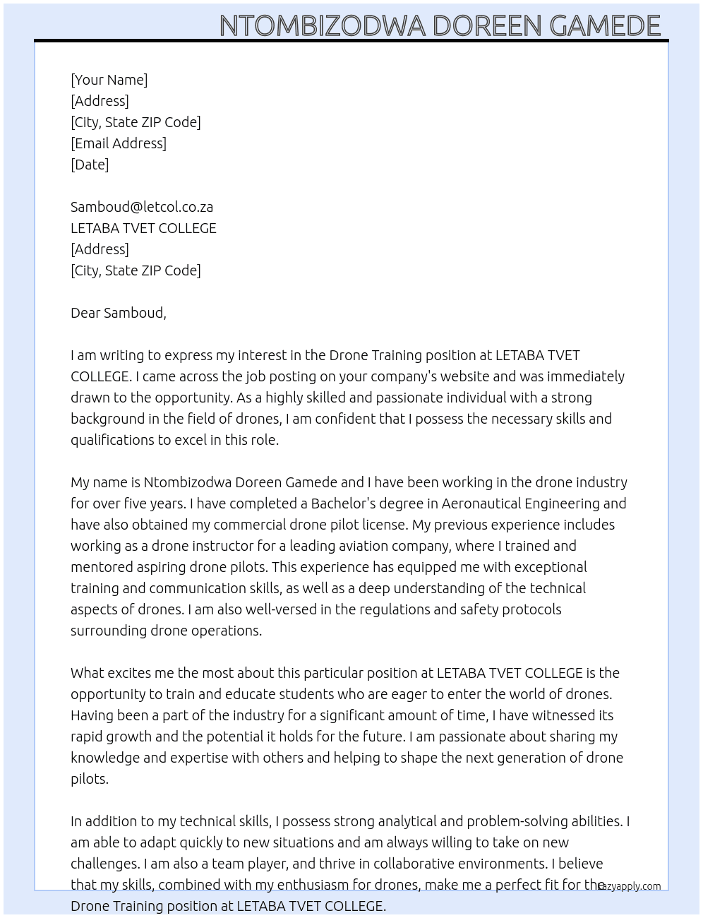 Drone training At LETABA TVET COLLEGE  Cover Letter